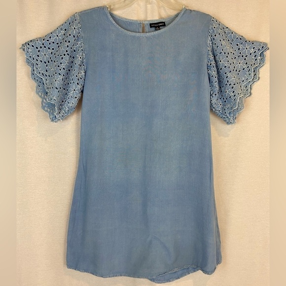 Eyelet Sleeve Pale Denim Chambray Blue Mini Dress by Style Envy Fairy Feminine - Picture 5 of 10